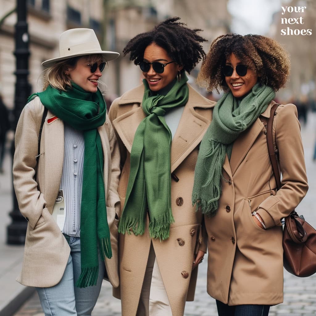 Elevate your neutral outfit with a bright accessory like a green scarf to add a pop of color and enhance your complexion