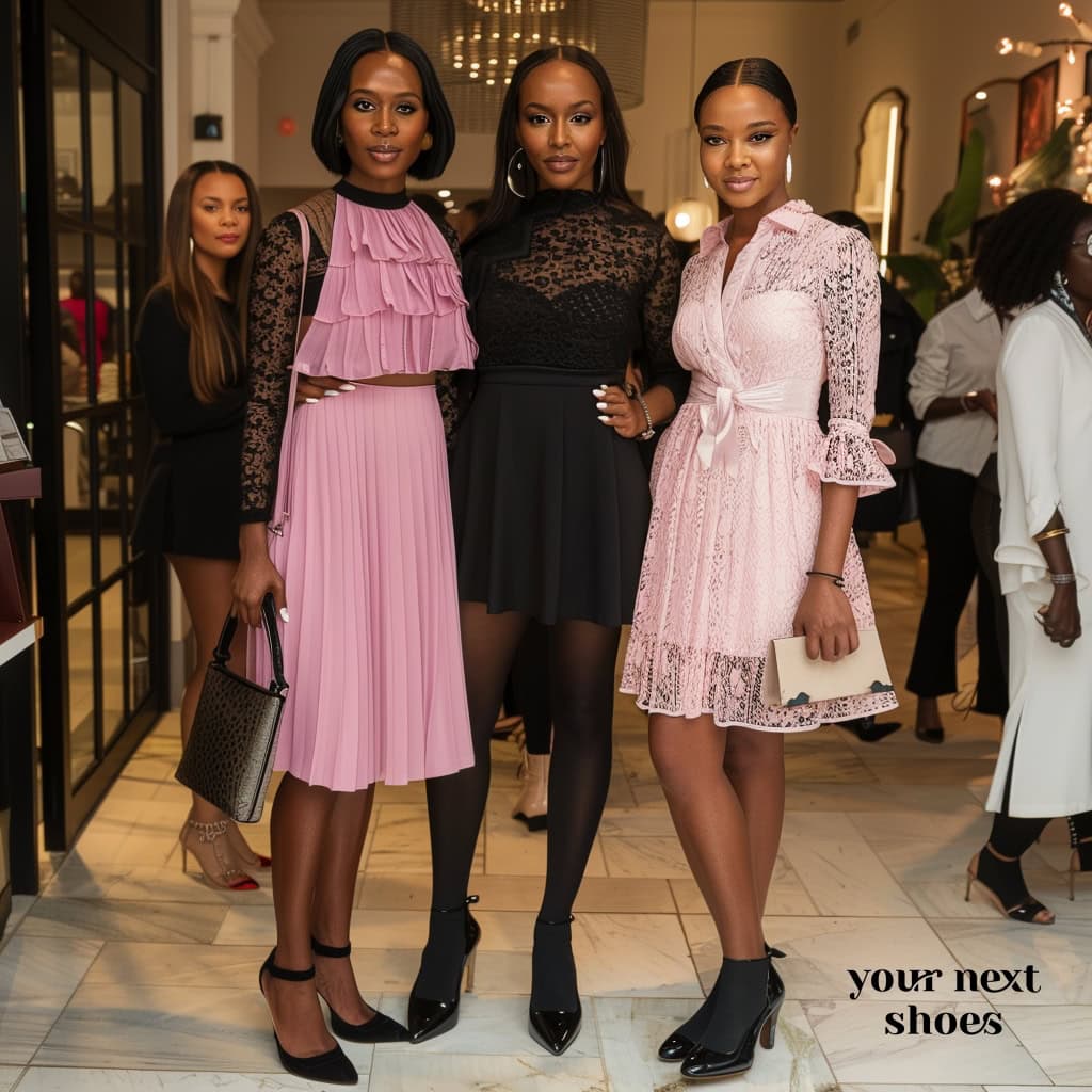 The trio stuns in chic ensembles: a ruffled pink dress, a sleek black lace outfit, and a delicate pink lace dress, each perfectly paired with stylish black heels