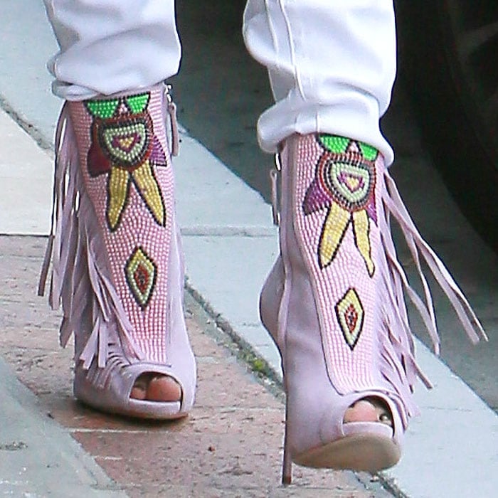 Jennifer Lopez's feet in beaded pink suede Giuseppe Zanotti booties