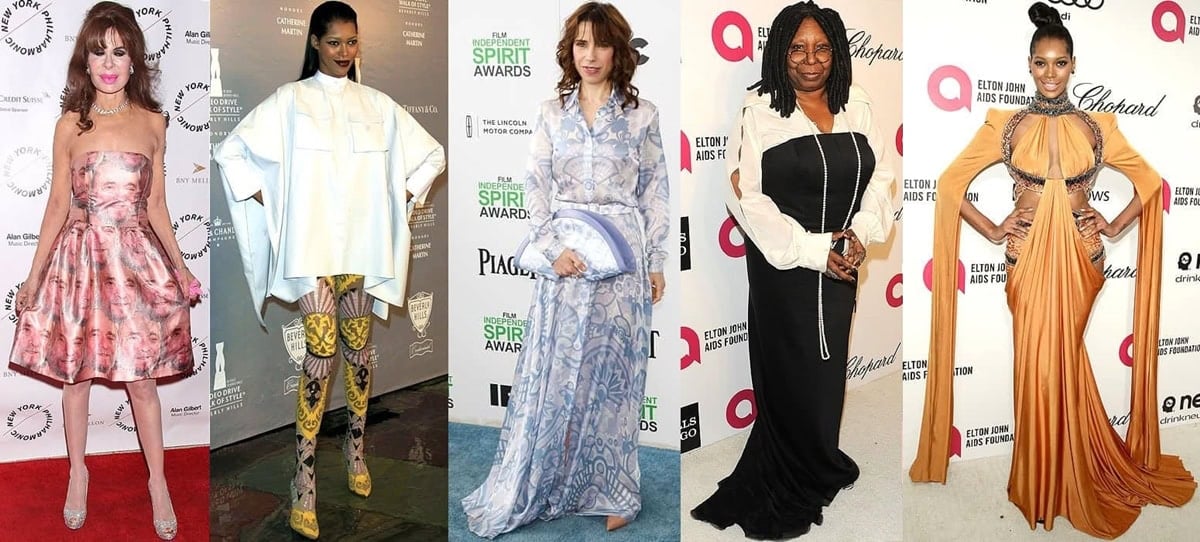 Gail Maidman, Jessica White, Sally Hawkins, Whoopi Goldberg, and Jessica White again showcase quirky and unconventional fashion choices that range from a Sondheim-printed dress to mismatched stocking-boots and a daring golden gown, making bold statements on the red carpet