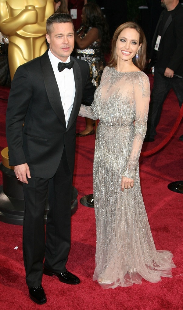 Angelina Jolie slipped into a silvery piece from Elie Saab, which was exquisitely beaded to the hilt