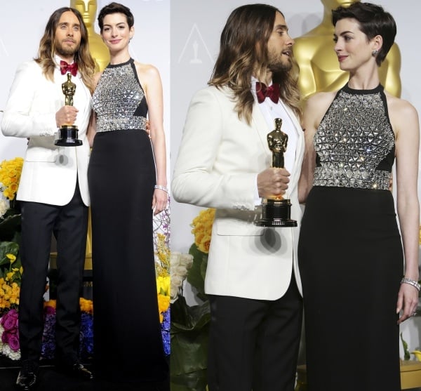 Anne Hathaway with Jared Leto at the 86th Annual Academy Awards press room at the Dolby Theatre in Hollywood, California, on March 2, 2014