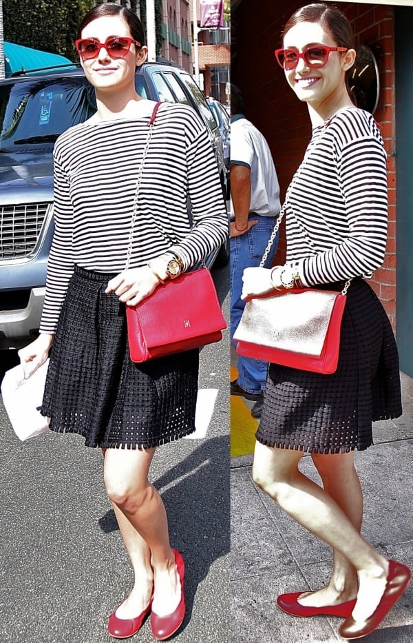 Emmy Rossum wearing a black-and-white striped shirt from H&M's Conscious Collection