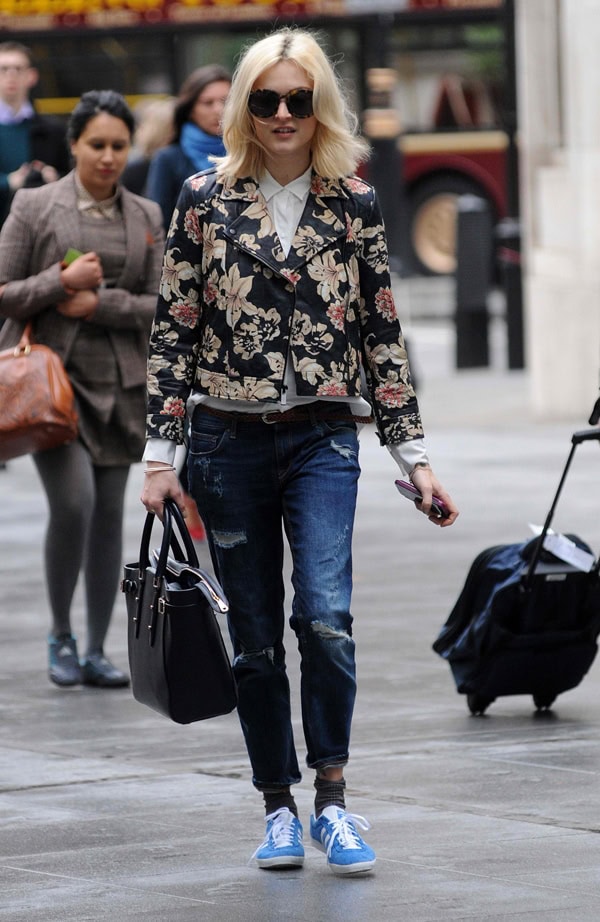 Fearne Cotton in a moto jacket made of smooth lambskin leather with a floral print