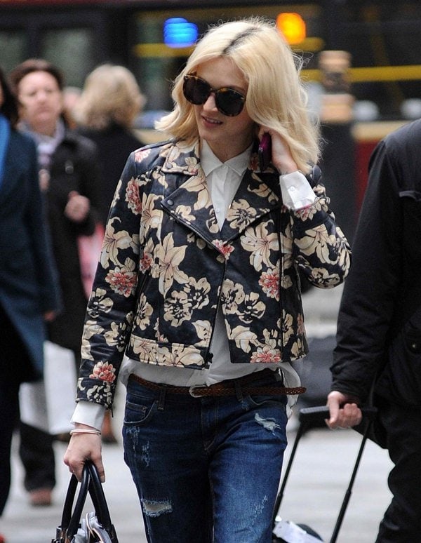 Fearne Cotton sporting a floral jacket with jeans outside BBC Radio 1 in London on April 7, 2014