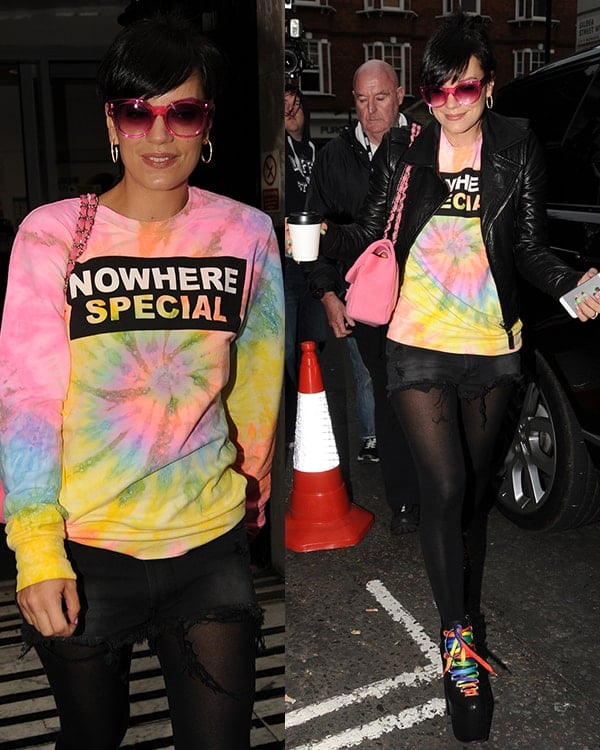 Lily Allen Flaunts Legs in Black Tights and Hellbound Platform Shoes