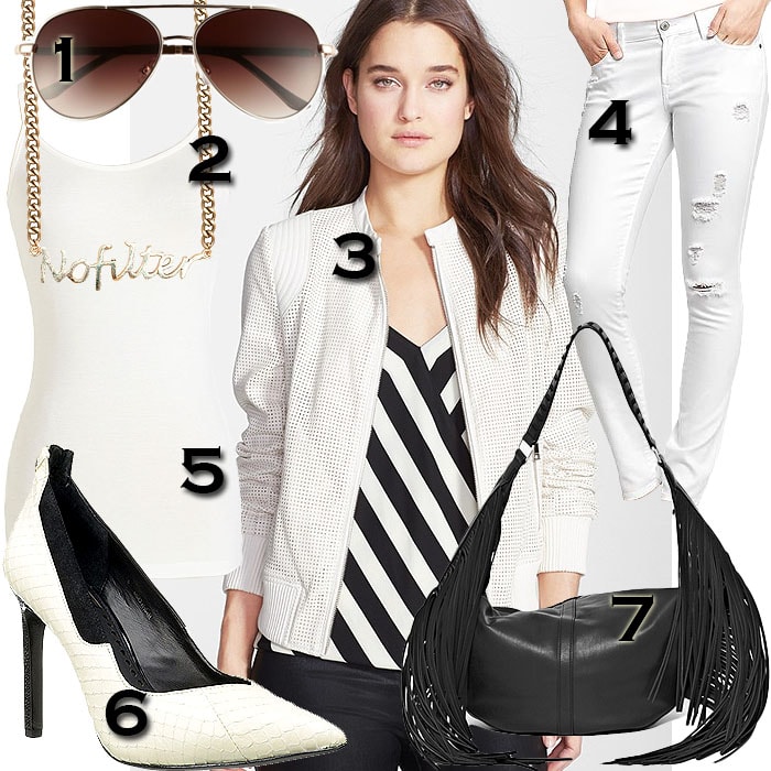 Get Khloe Kardashian's chic all-white airport look with 1. FE NY aviator sunglasses, 2. Chelsea Bulte 'No Filter' necklace, 3. Bebe perforated bomber jacket, 4. Old Navy distressed white skinny jeans, 5. 'A Layer to Love' top, 6. Dolce Vita 'Karine' pumps, and 7. French Connection indie fringe hobo bag