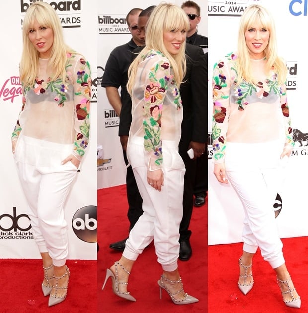 Natasha Bedingfield turned heads in a sheer floral Valentino top paired with white trousers and studded Valentino Rockstud pumps at the 2014 Billboard Music Awards