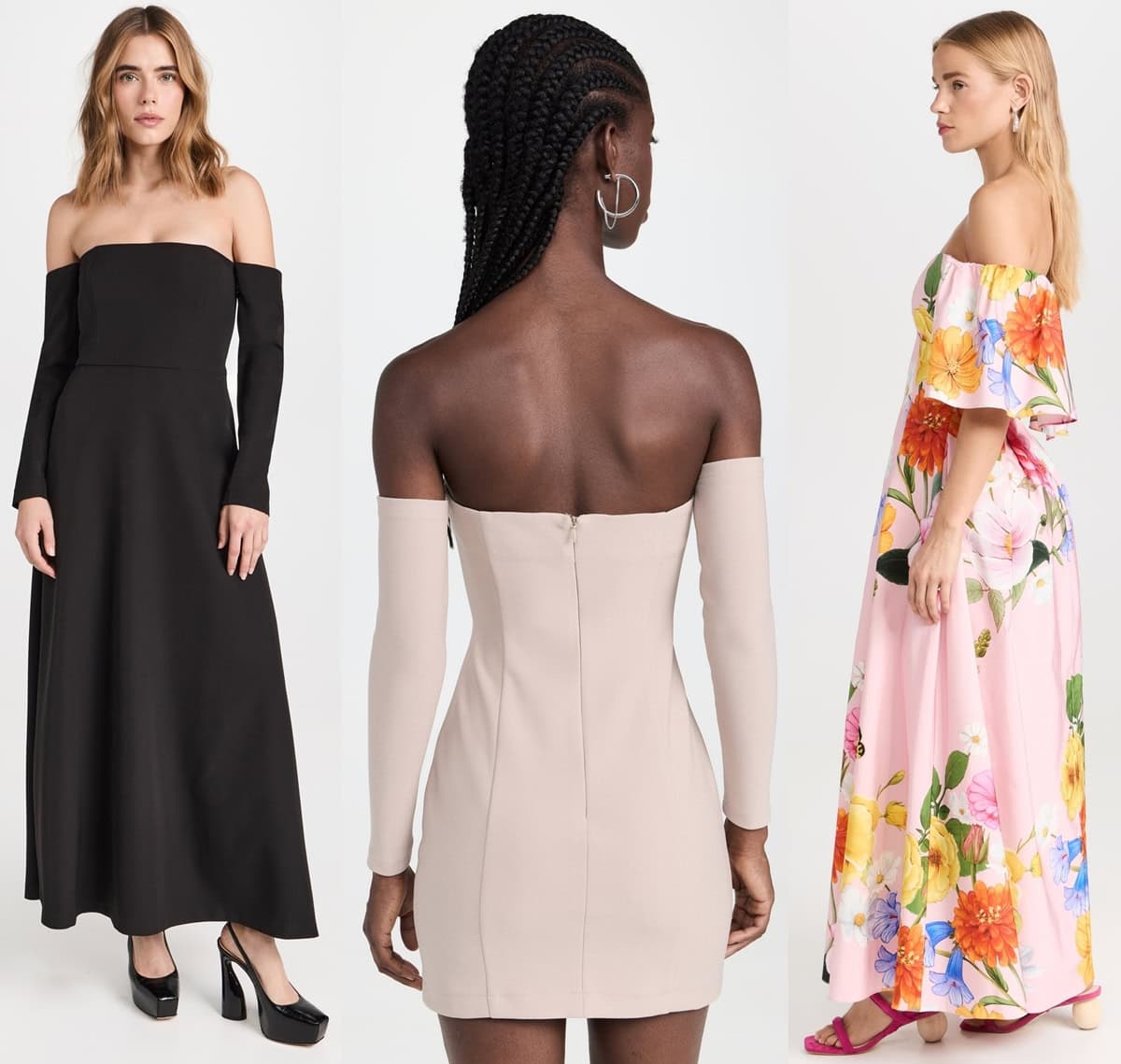 Stylish and sophisticated, these off-shoulder dresses range from classic black to vibrant florals, perfect for making a statement at any event