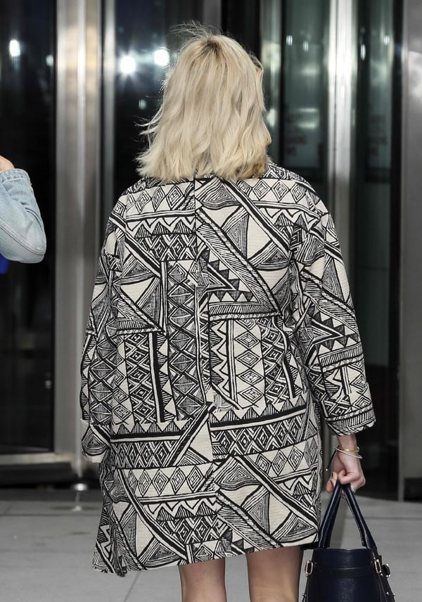 Fearne Cotton shows off her geometric coat outside the BBC Studios