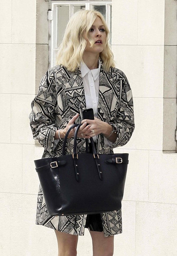 Fearne Cotton wears a geometric-printed black-and-white coat