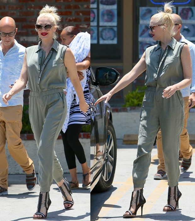 Gwen Stefani in Safari-Inspired Jumpsuit and Cage Sandals