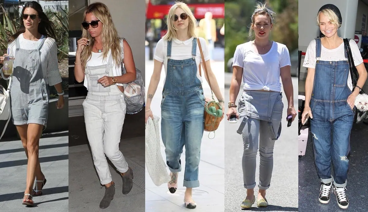 Celebrities showcasing various ways to style denim overalls, from casual chic to retro glam