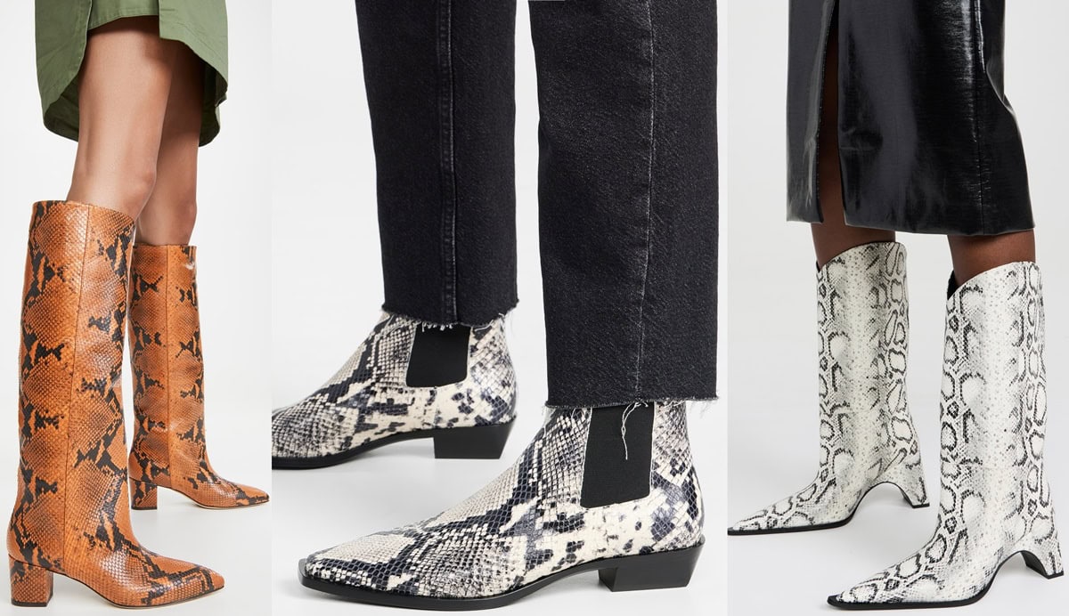 Python boots featuring knee-high and ankle styles in bold patterns and neutral tones, perfect for versatile fashion statements