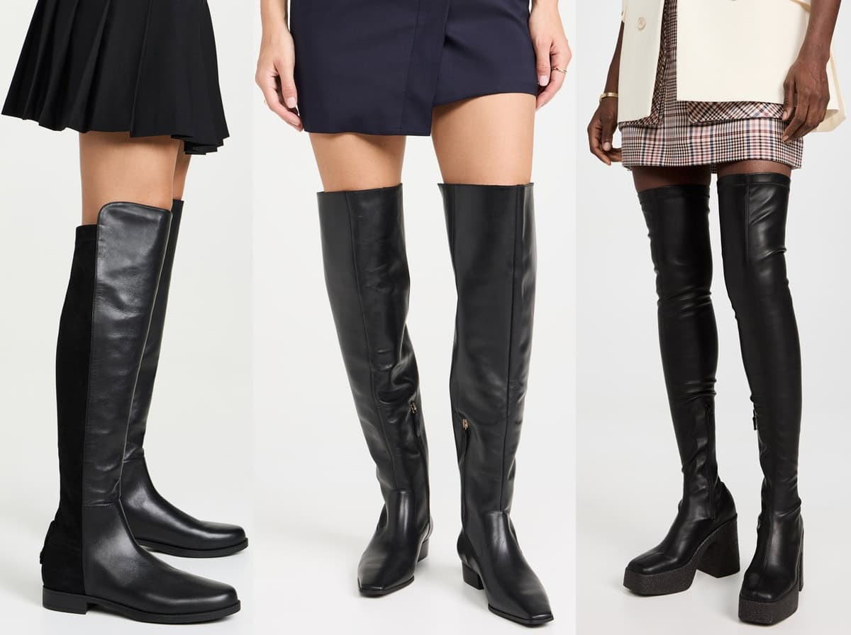 Three pairs of tall black boots featuring classic knee-high, sleek riding, and edgy over-the-knee styles