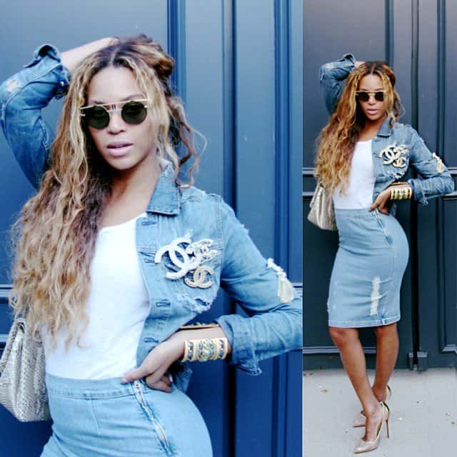 Beyoncé stuns in a stylish Chanel denim jacket and Frame Denim skirt, complemented by Christian Louboutin pumps and Cazal sunglasses