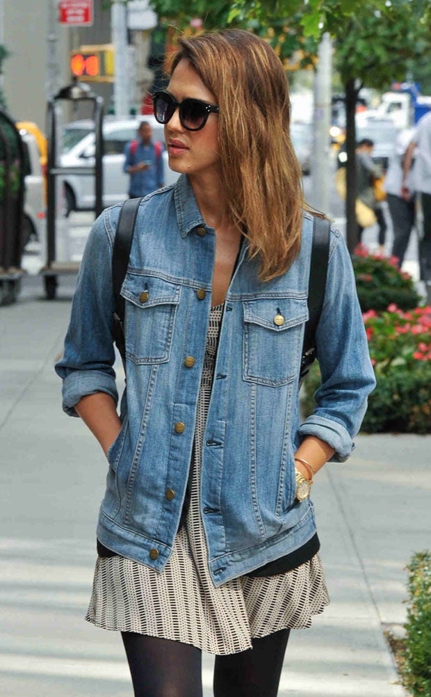 Jessica Alba wearing sunglasses and a denim jacket in New York City in New York on September 11, 2014