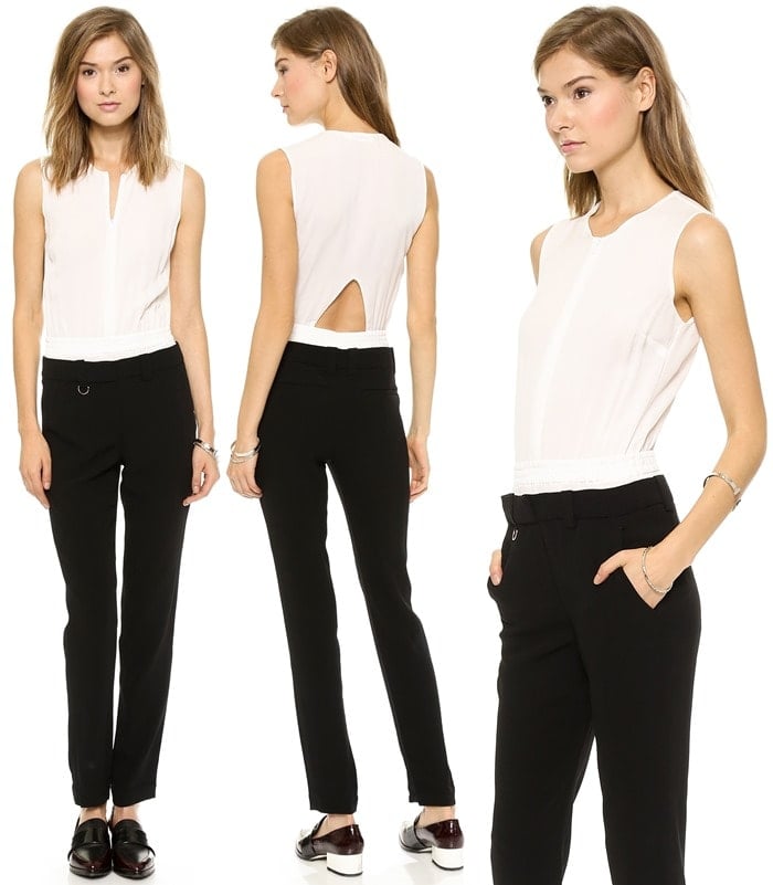 A lightweight bodice pairs with contrast, mid-weight pants on this slouchy-slim A.L.C. jumpsuit