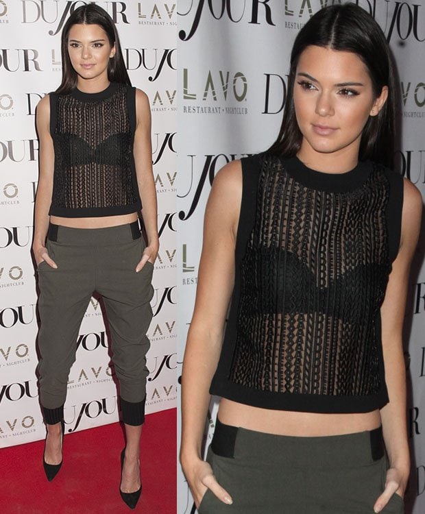 Kendall Jenner wearing an Alexander Wang top at the DuJour magazine cover party held at Lavo in New York City on August 28, 2014