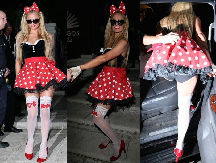 Paris Hilton in a large red polka-dot bow with a matching miniskirt and a form-fitting black-and-white bodice