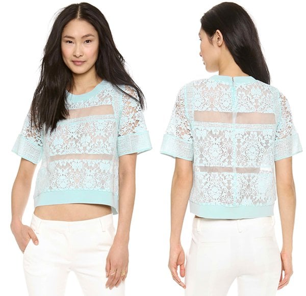 Wide bands of floral lace lend texture to a silk-organza Rebecca Taylor top