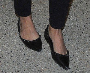 Reese Witherspoon in Buttoned Denim Shirt and Black Ballet Flats