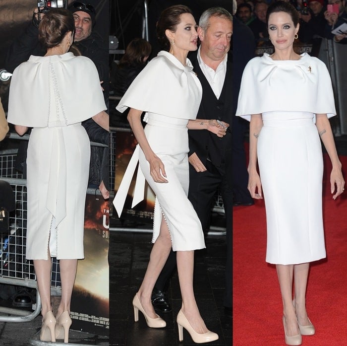 Angelina Jolie wearing a white silk-crepe tailored pencil dress from Ralph & Russo