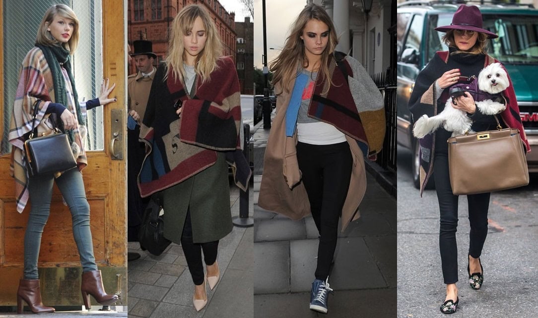 Celebrities Taylor Swift, Suki Waterhouse, Cara Delevingne, and Olivia Palermo effortlessly showcase the stylish Burberry poncho in various chic looks