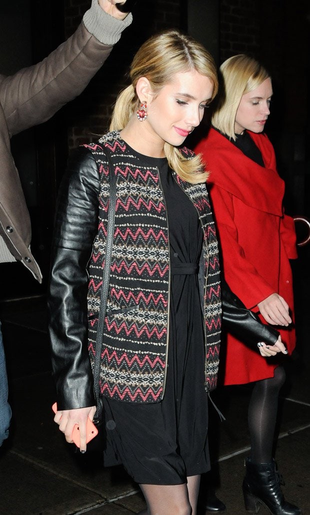 Emma Roberts wearing an Ella Moss Trinity jacket with a black dress