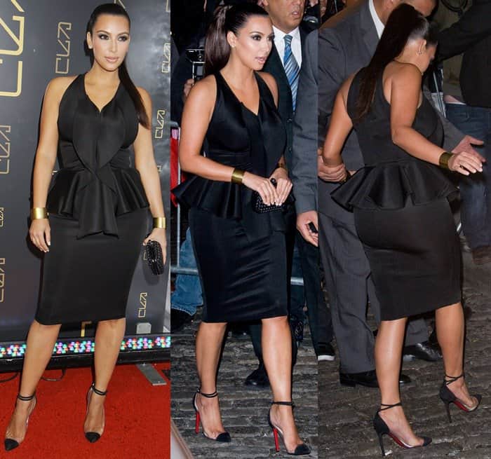 Kim Kardashian stuns in a textured sateen V-neck sleeveless Givenchy dress paired with Christian Louboutin 'Unbout Illusion' pumps at the Ryu Restaurant opening in New York City