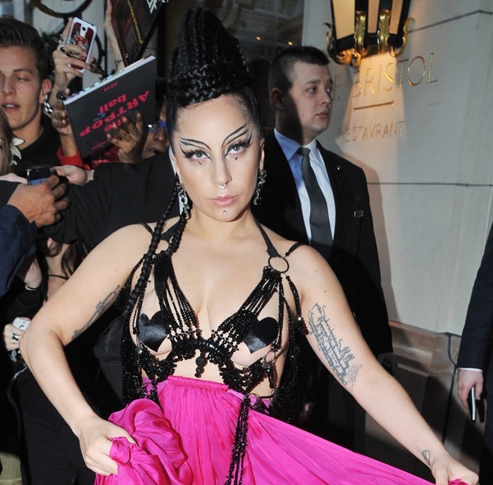 Lady Gaga's hair was piled in tightly coiled braids atop her head