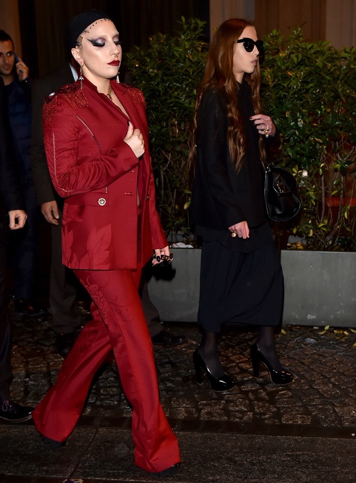 Lady Gaga Shops at Versace Store in Milan in Unbuttoned Red Suit and ...