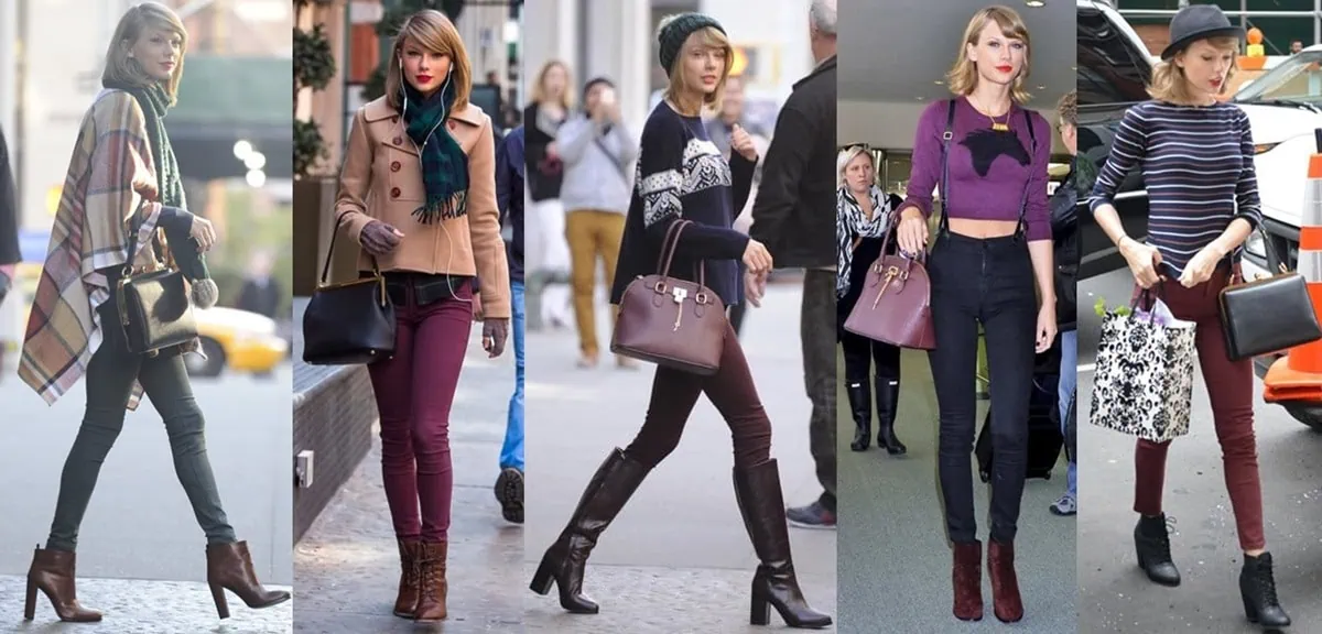 Taylor Swift flawlessly pairs skinny jeans with stylish boots and winter accessories, showcasing a range of chic cold-weather outfits