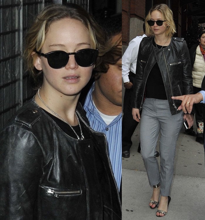 Jennifer Lawrence without makeup in a leather Bacuri moto jacket