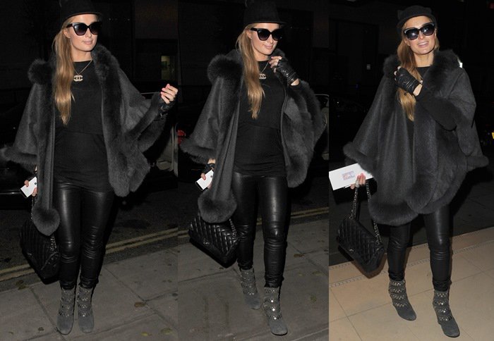 Paris Hilton paired sexy leather pants with a cat ears hat by Helene Berman