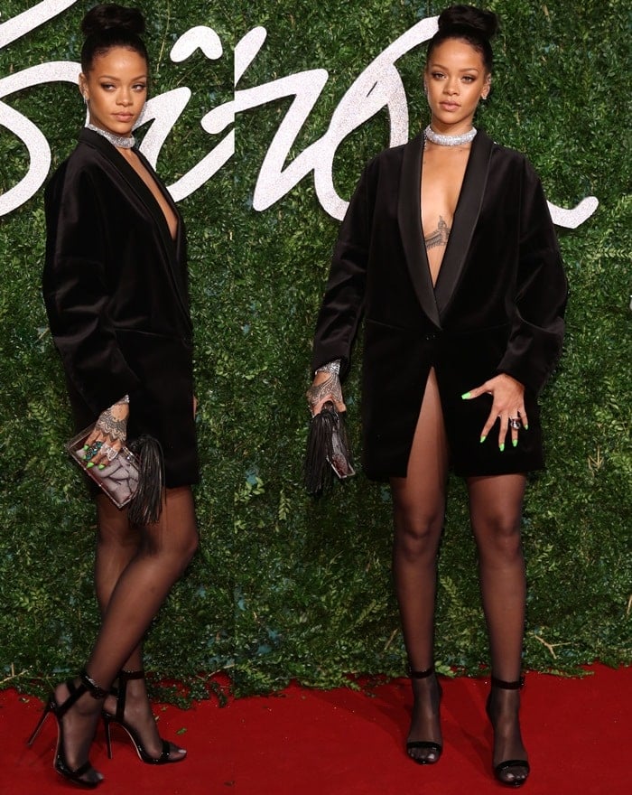 Braless Rihanna in a custom tuxedo dress by Stella McCartney