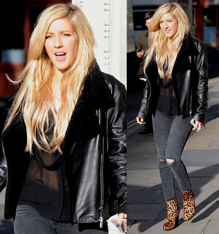 Ellie Goulding in a sheer long-sleeved top and J-Brand ripped jeans