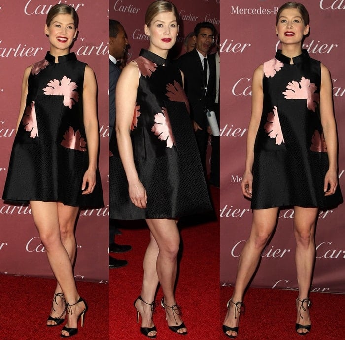 Rosamund Pike in a $4,295 silk floral jacquard dress from the Alexander McQueen Fall 2014 collection