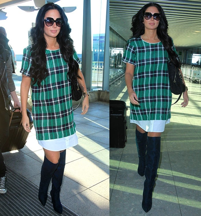 Tulisa Contostavlos wearing a short boxy dress with boots