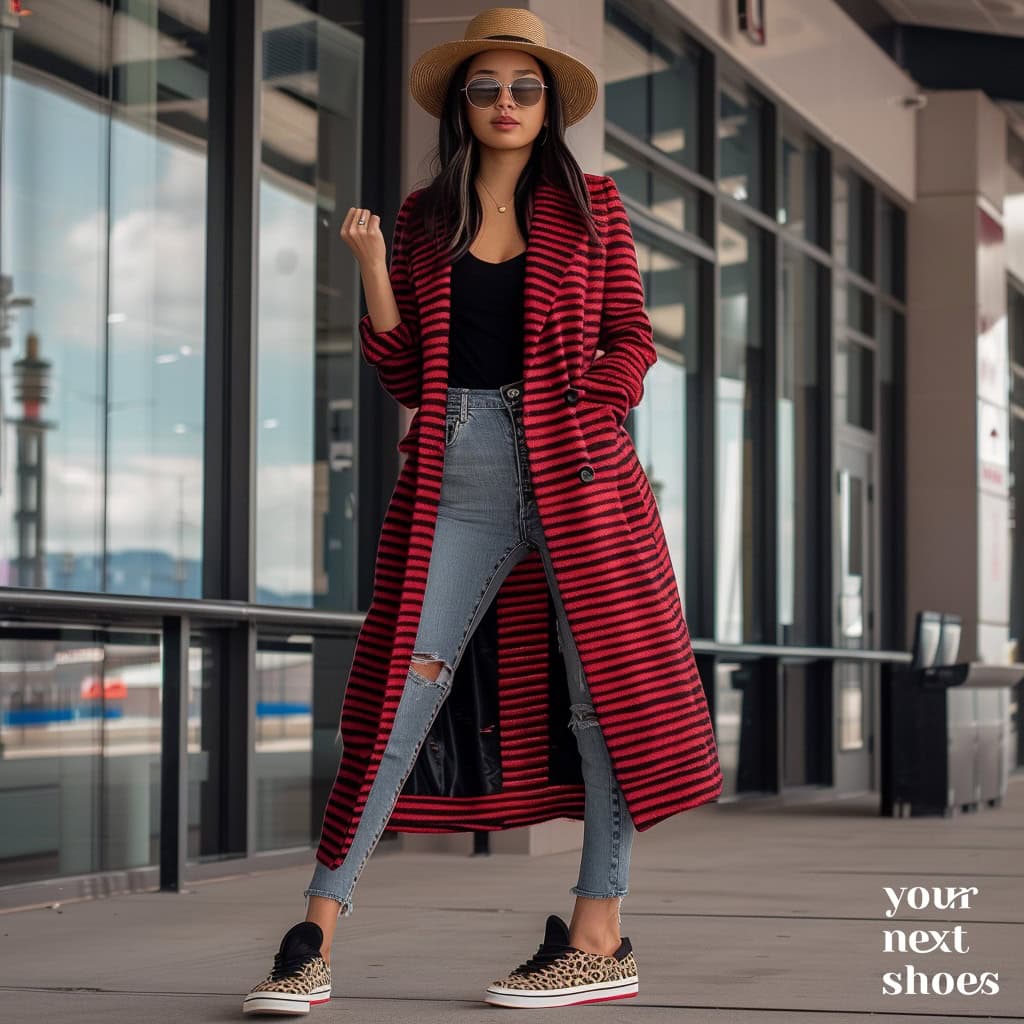 A stylish woman rocks a red striped coat, distressed skinny jeans, leopard print sneakers, and a fedora hat, perfect for a chic travel look