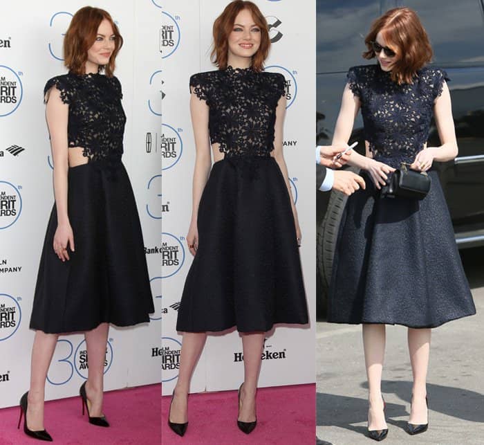 Actress Emma Stone wearing a Monique Lhuillier guipure lace textured A-line dress