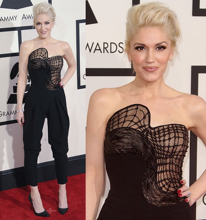 Gwen Stefani in an Atelier Versace Spring 2015 black jumpsuit featuring a structured bodice with mesh inserts and sparkling embellishments