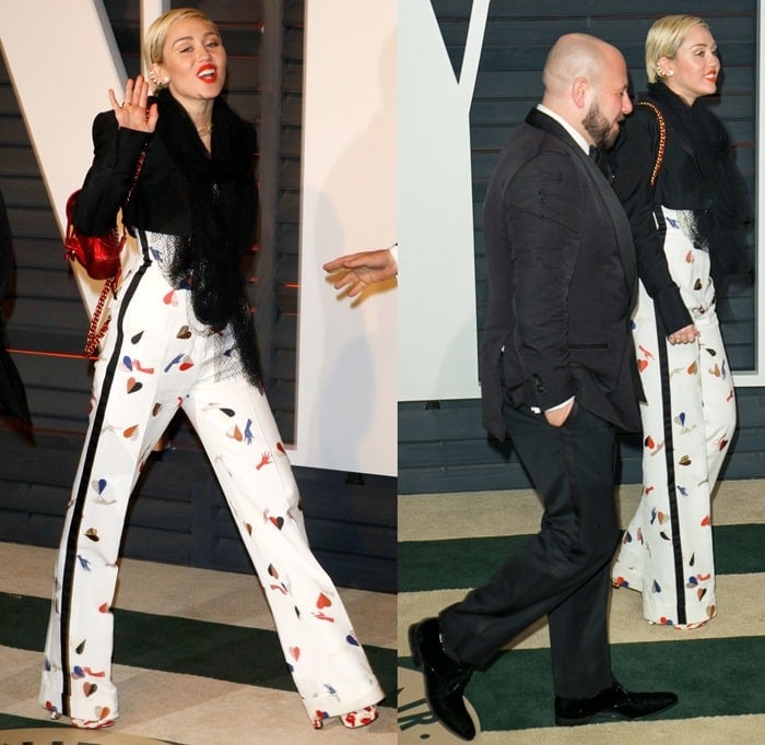 Miley Cyrus rocking an eye-catching pair of platform sandals from Brian Atwood's charity collection