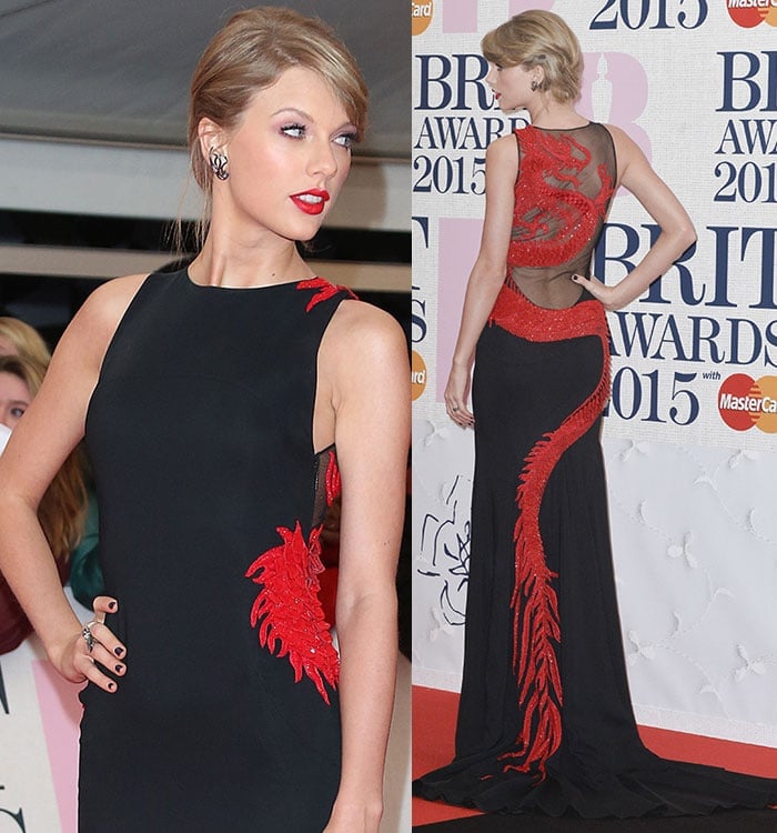 Taylor Swift styled her short blonde hair with a side fringe at the 2015 BRIT Awards