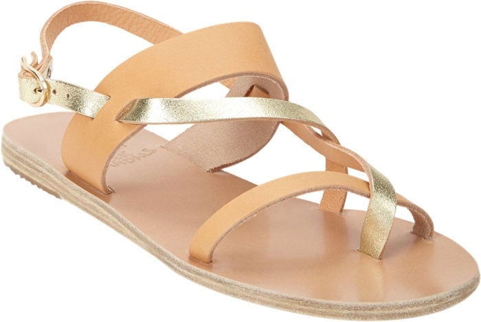 Ancient Greek Sandals "Alethea" Crossover-Strap Flat Sandals in Tan/Gold