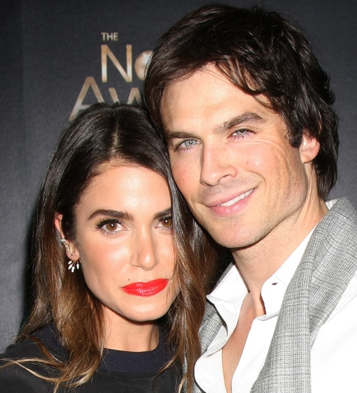 Nikki Reed and fiancé Ian Somerhalder pose for photos in Beverly Hills