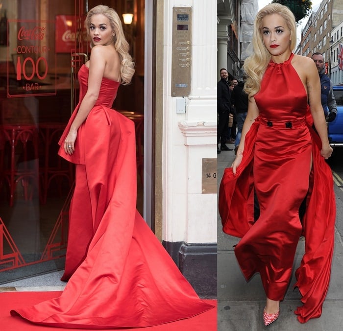 Rita Ora's red dress features a flowing train