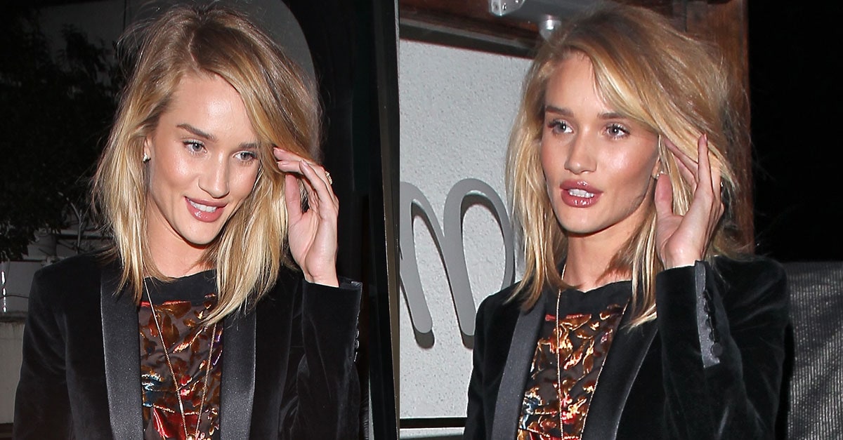 Rosie Huntington-Whiteley's Tight Leather Pants and Side Part Hairstyle