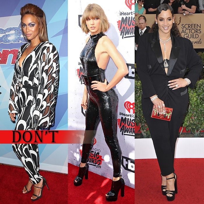 Tyra Banks, Taylor Swift, and Dascha Polanco illustrate challenges in jumpsuit selection: pattern, fit, and tailoring at red carpet events