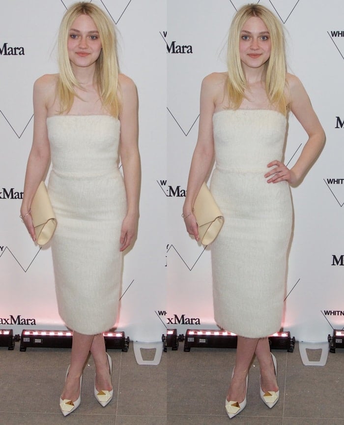 Dakota Fanning's ivory Max Mara Fall 2015 strapless mohair dress